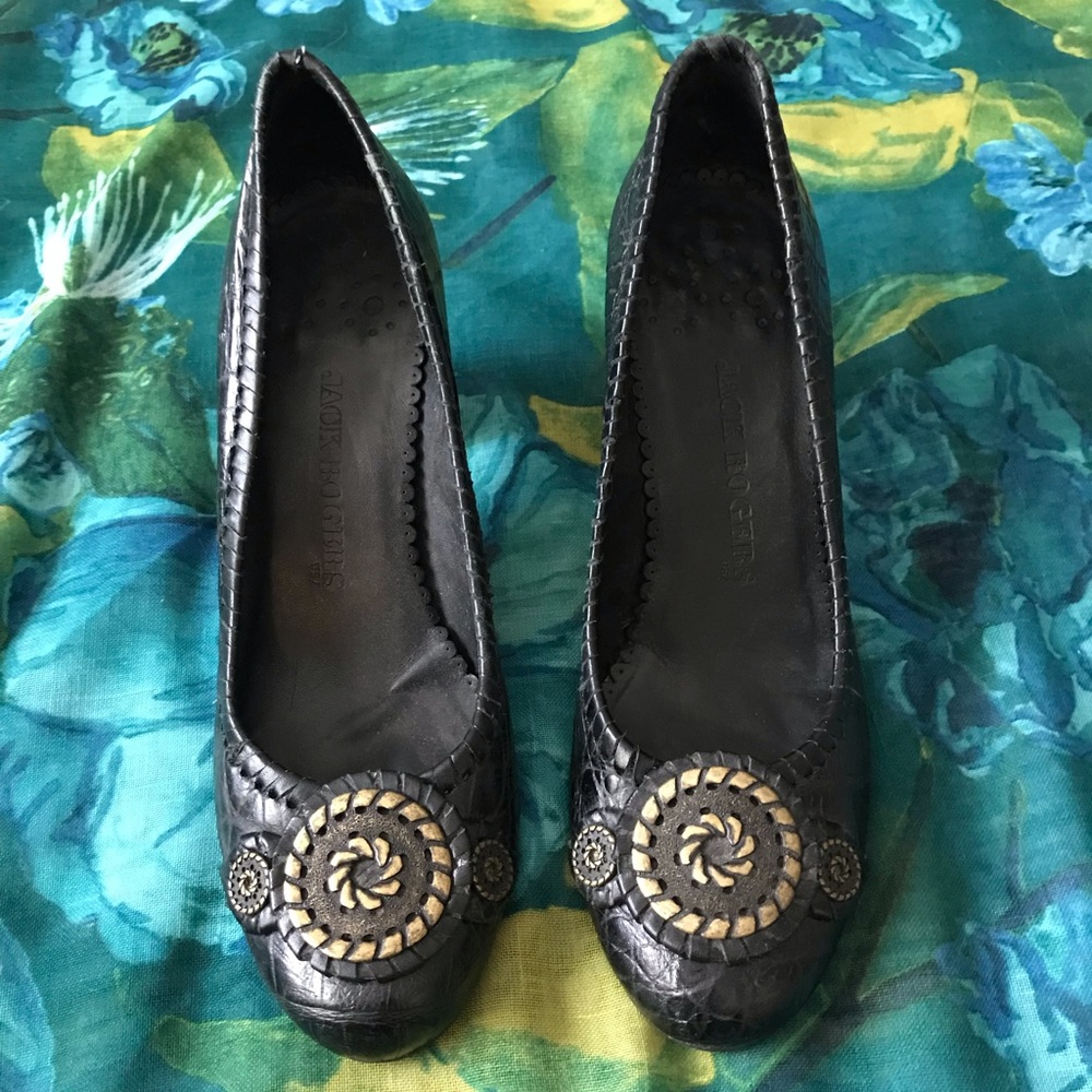 Jack Rogers Isabelle Gold Coin Black Leather Chunky Block Heels Women's Size 8